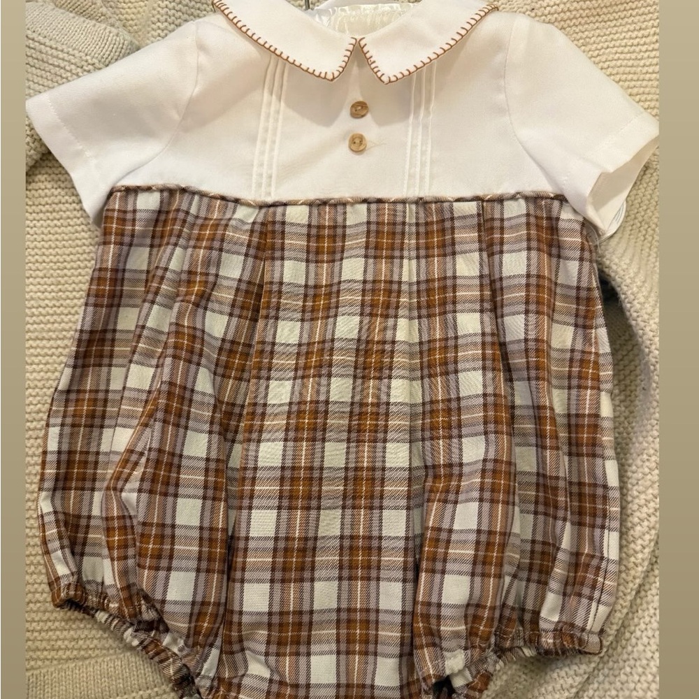 Edgehill Collection White and Brown Plaid Baby One-Piece